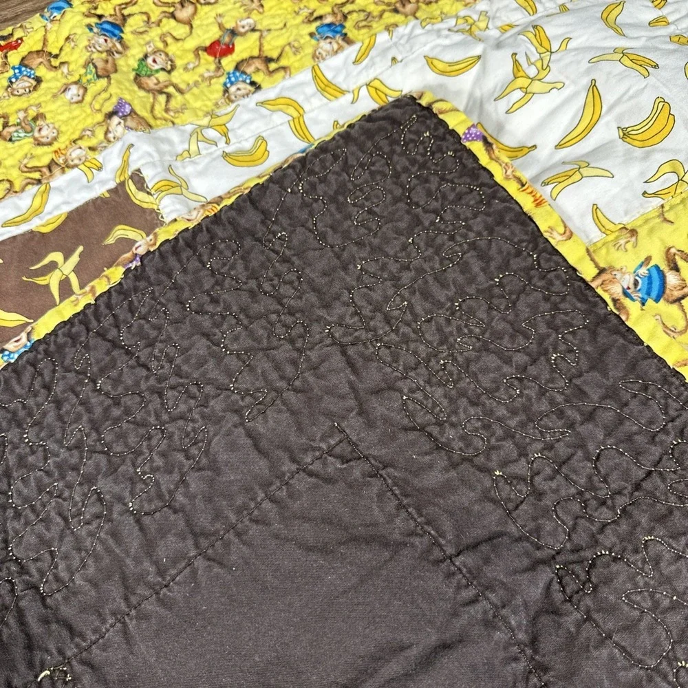 Vintage Handmade Monkeys and Bananas Quilt Reversible 32x32‎ Inches Cotton 1970s